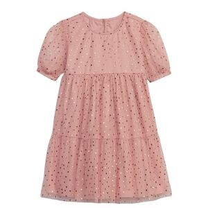 Gap Pink and Gold Metallic Star Tulle Tiered Dress short sleeve - 3Y - EUC